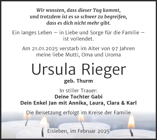 Traueranzeige von Ursula Rieger von Trauerkombi Mansfelder Land