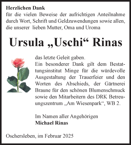 Traueranzeige von Ursula Rinas von Volksstimme Oschersleben/Wanzleben