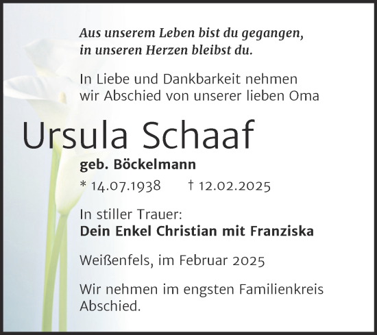 Traueranzeige von Ursula Schaaf von Trauerkombi Weißenfels