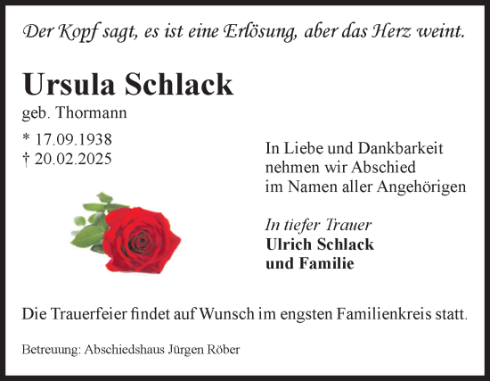 Traueranzeige von Ursula Schlack von Volksstimme Magdeburg