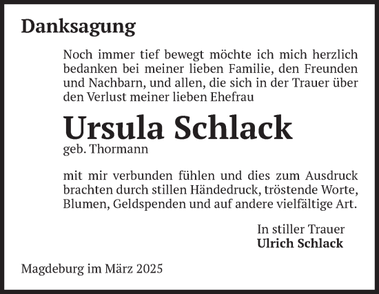 Traueranzeige von Ursula Schlack von Volksstimme Magdeburg