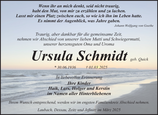Traueranzeige von Ursula Schmidt von Trauerkombi Dessau