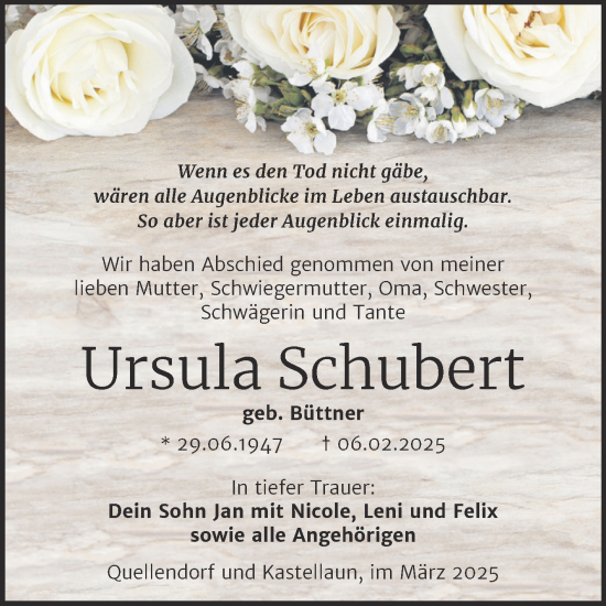 Traueranzeige von Ursula Schubert von Trauerkombi Köthen