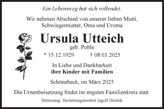 Traueranzeige von Ursula Utteich von Volksstimme Schönebeck