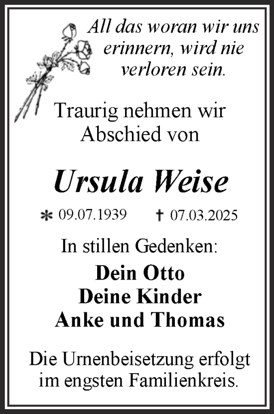 Traueranzeige von Ursula Weise von Trauerkombi Dessau