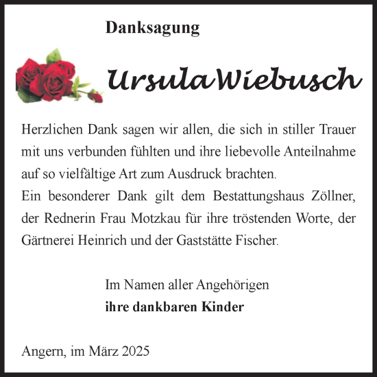 Traueranzeige von Ursula Wiebusch von Volksstimme Haldensleben/Wolmirstedt