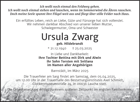 Traueranzeige von Ursula Zwarg von Mitteldeutsche Zeitung Merseburg/Querfurt