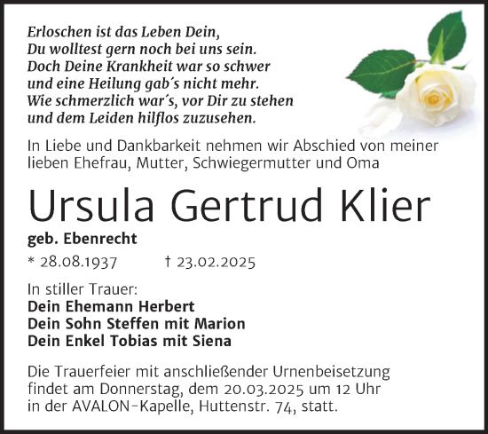 Traueranzeige von Ursula Gertrud Klier von Mitteldeutsche Zeitung Halle/Saalkreis