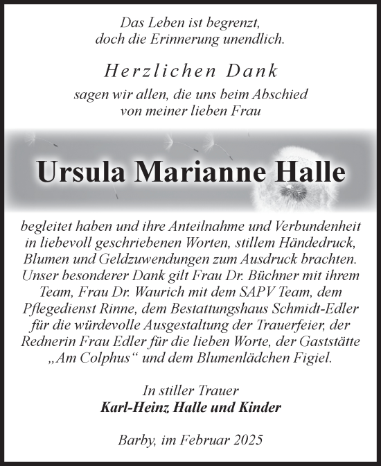 Traueranzeige von Ursula Marianne Halle von Volksstimme Schönebeck