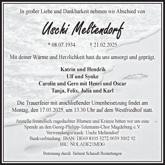 Traueranzeige von Uschi Meltendorf von Volksstimme Magdeburg