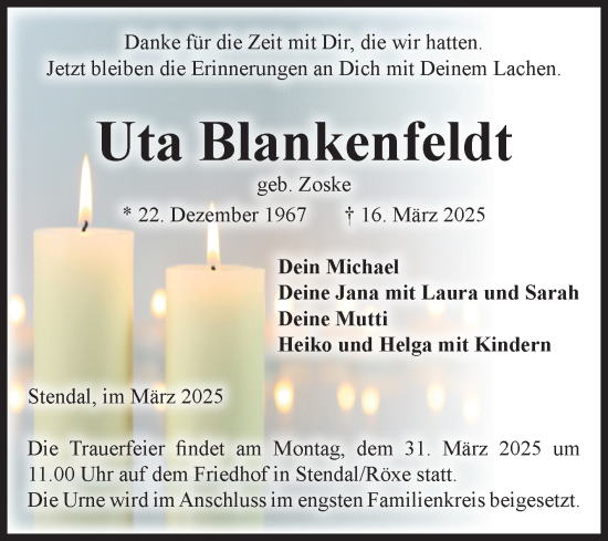 Traueranzeige von Uta Blankenfeldt von Volksstimme Altmark Ost