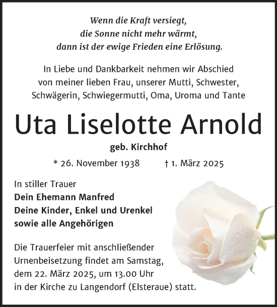 Traueranzeige von Uta Liselotte Arnold von Trauerkombi Zeitz