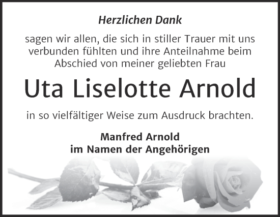 Traueranzeige von Uta Liselotte Arnold von Trauerkombi Zeitz