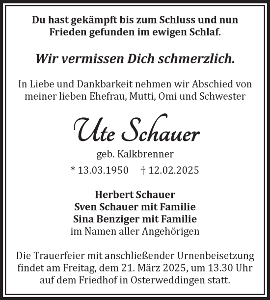 Traueranzeige von Ute Schauer von Volksstimme Oschersleben/Wanzleben