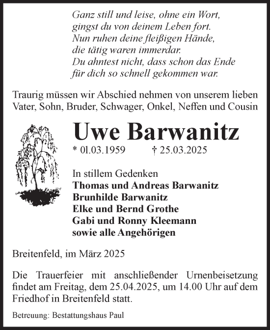 Traueranzeige von Uwe Barwanitz von Volksstimme Altmark West