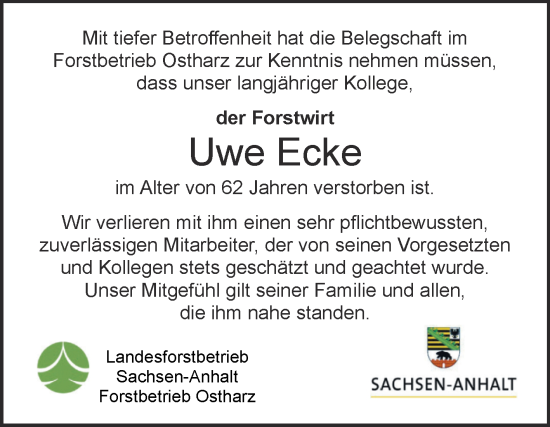Traueranzeige von Uwe Ecke von Super Sonntag Quedlingburg