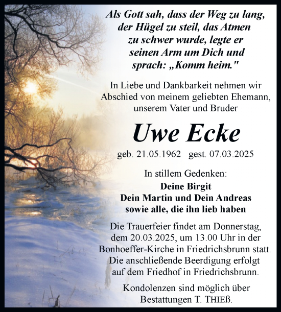Traueranzeige von Uwe Ecke von Trauerkombi Quedlinburg