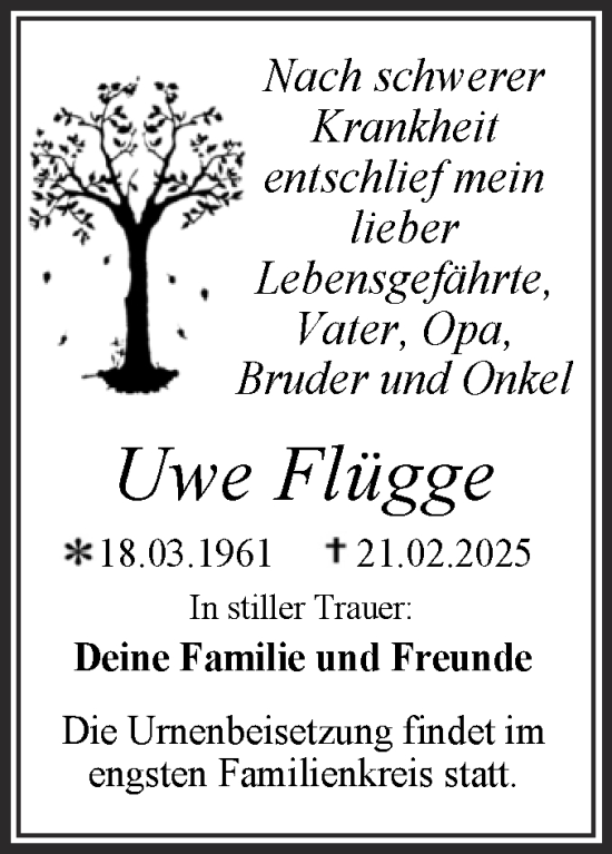 Traueranzeige von Uwe Flügge von Trauerkombi Dessau