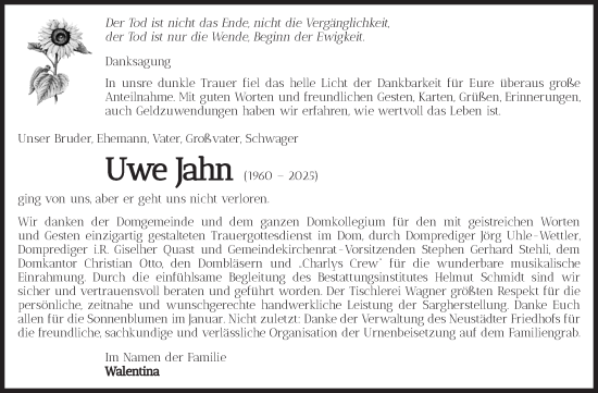 Traueranzeige von Uwe Jahn von Volksstimme Magdeburg