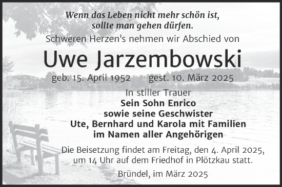 Traueranzeige von Uwe Jarzembowski von Trauerkombi Bernburg