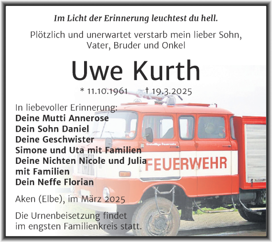 Traueranzeige von Uwe Kurth von Trauerkombi Köthen