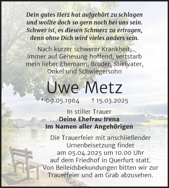 Traueranzeige von Uwe Metz von Trauerkombi Merseburg