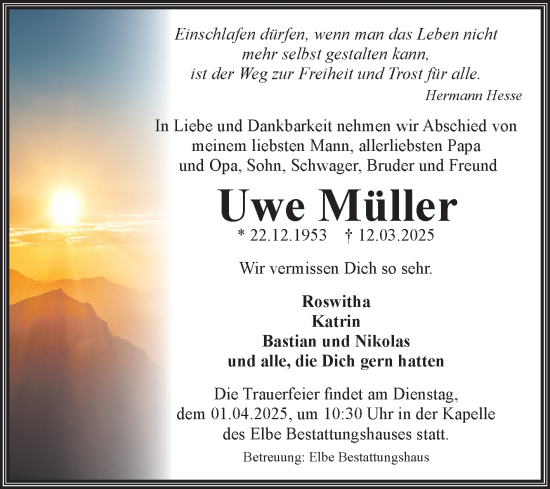 Traueranzeige von Uwe Müller von Volksstimme Magdeburg