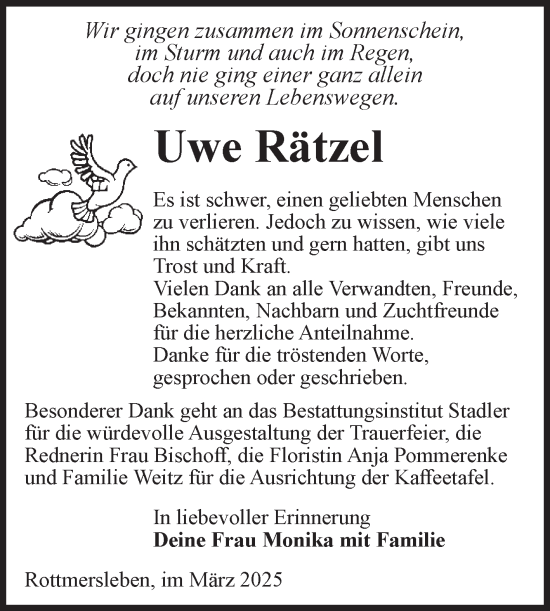 Traueranzeige von Uwe Rätzel von Volksstimme Haldensleben/Wolmirstedt