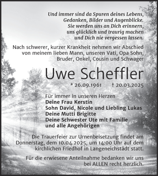 Traueranzeige von Uwe Scheffler von Trauerkombi Merseburg