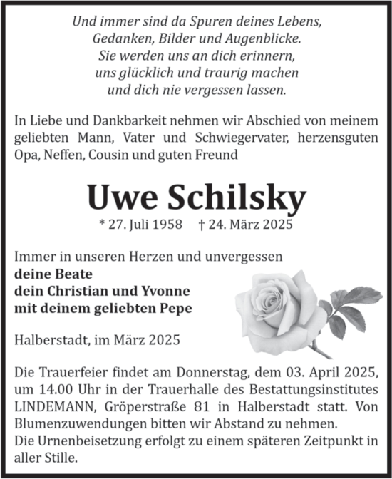 Traueranzeige von Uwe Schilsky von Volksstimme Halberstadt