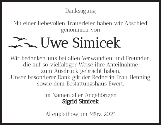 Traueranzeige von Uwe Simicek von Volksstimme Burg/Genthin