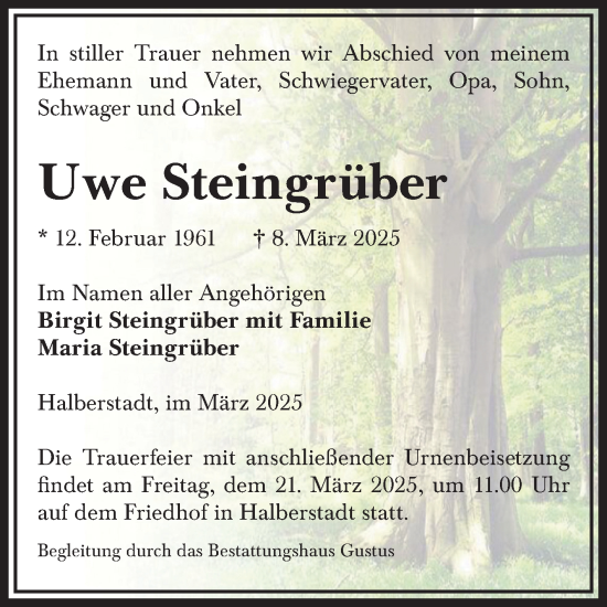 Traueranzeige von Uwe Steingrüber von Volksstimme Halberstadt