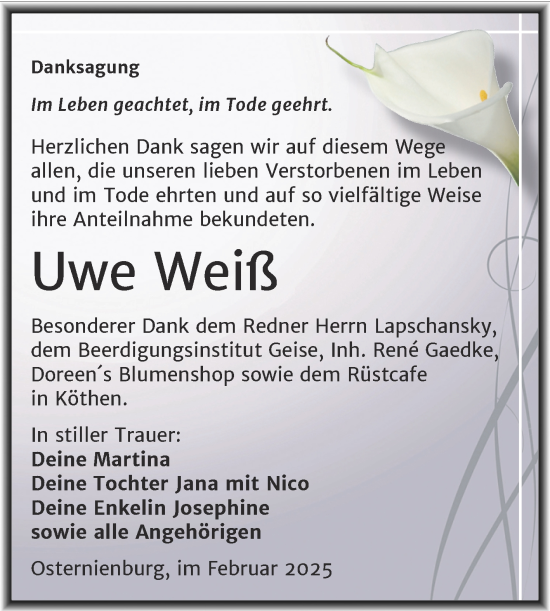 Traueranzeige von Uwe Weiß von Trauerkombi Köthen