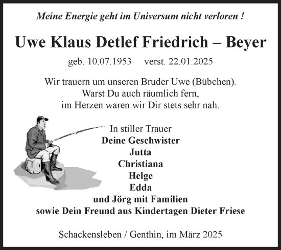 Traueranzeige von Uwe Klaus Detlef Friedrich Beyer von Volksstimme Burg/Genthin