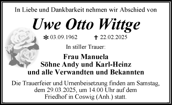 Traueranzeige von Uwe Otto Wittge von Trauerkombi Wittenberg