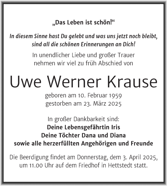 Traueranzeige von Uwe Werner Krause von Mitteldeutsche Zeitung Mansfelder Land
