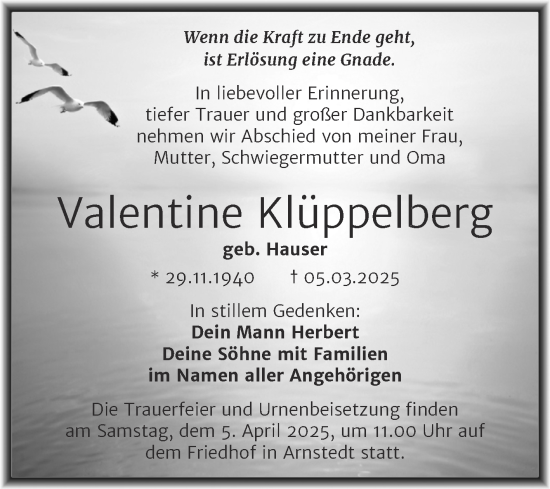 Traueranzeige von Valentine Klüppelberg von Trauerkombi Mansfelder Land