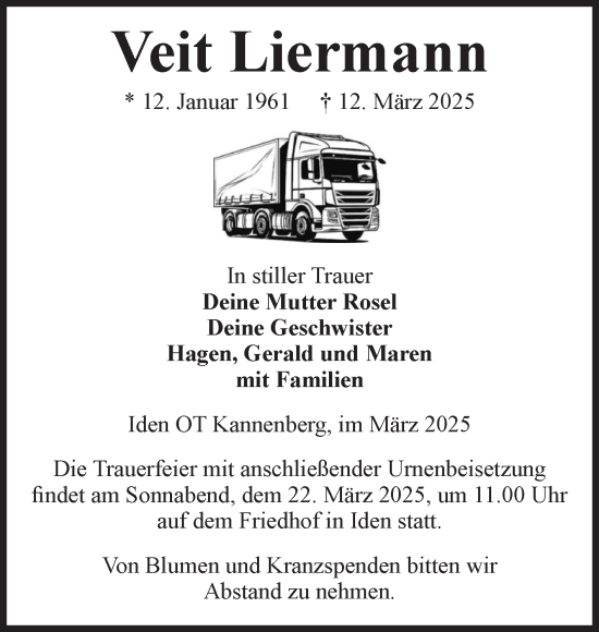 Traueranzeige von Veit Liermann von Volksstimme Altmark Ost