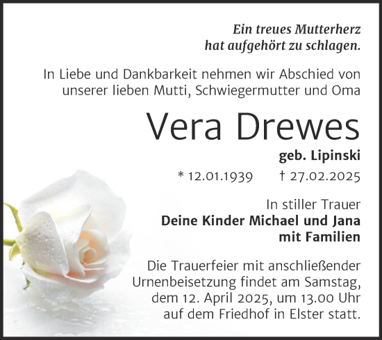 Traueranzeige von Vera Drewes von Super Sonntag Wittenberg