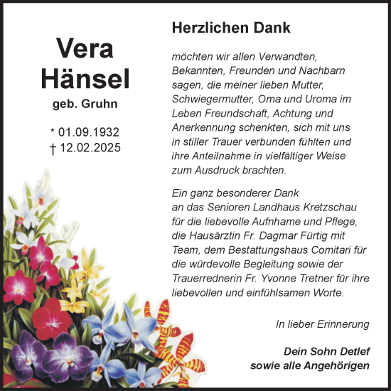 Traueranzeige von Vera Hänsel von Trauerkombi Zeitz