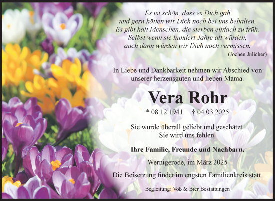 Traueranzeige von Vera Rohr von Volksstimme Wernigerode