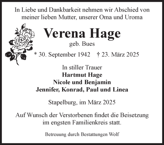Traueranzeige von Verena Hage von Volksstimme Wernigerode