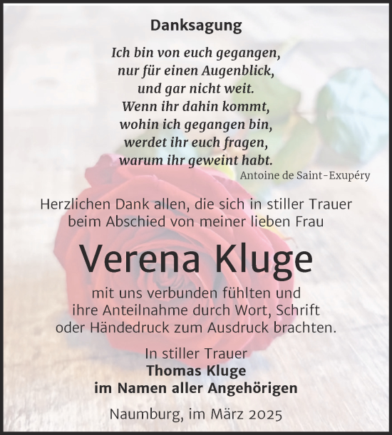 Traueranzeige von Verena Kluge von Naumburger Tageblatt