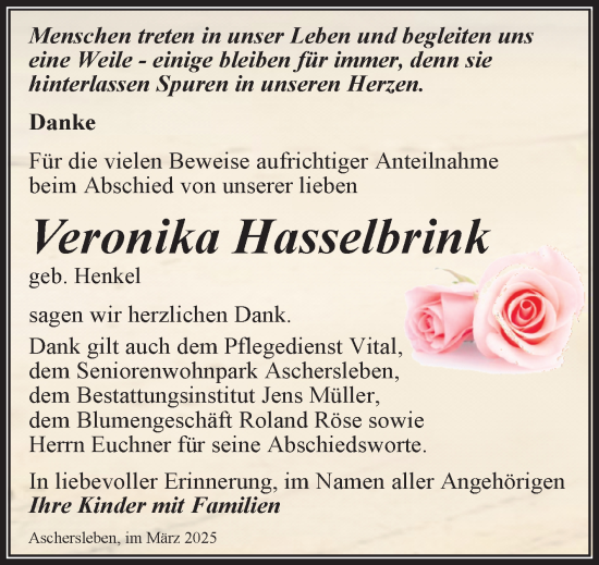 Traueranzeige von Veronika Hasselbrink von Trauerkombi Aschersleben
