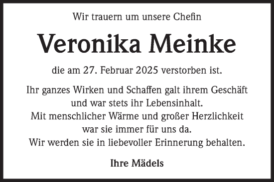 Traueranzeige von Veronika Meinke von Volksstimme Magdeburg