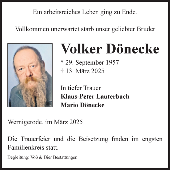 Traueranzeige von Volker Dönecke von Volksstimme Wernigerode