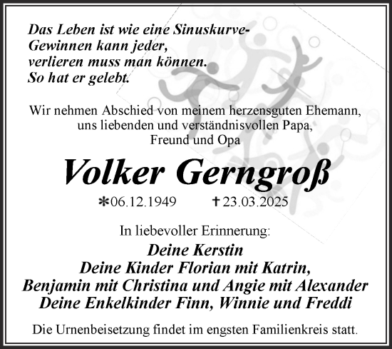 Traueranzeige von Volker Gerngroß von Trauerkombi Dessau