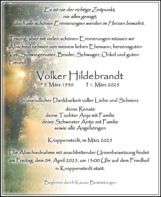 Traueranzeige von Volker Hildebrandt von Volksstimme Oschersleben/Wanzleben