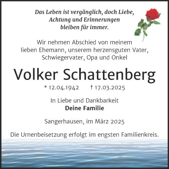 Traueranzeige von Volker Schattenberg von Trauerkombi Sangerhausen