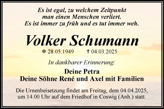 Traueranzeige von Volker Schumann von Trauerkombi Wittenberg